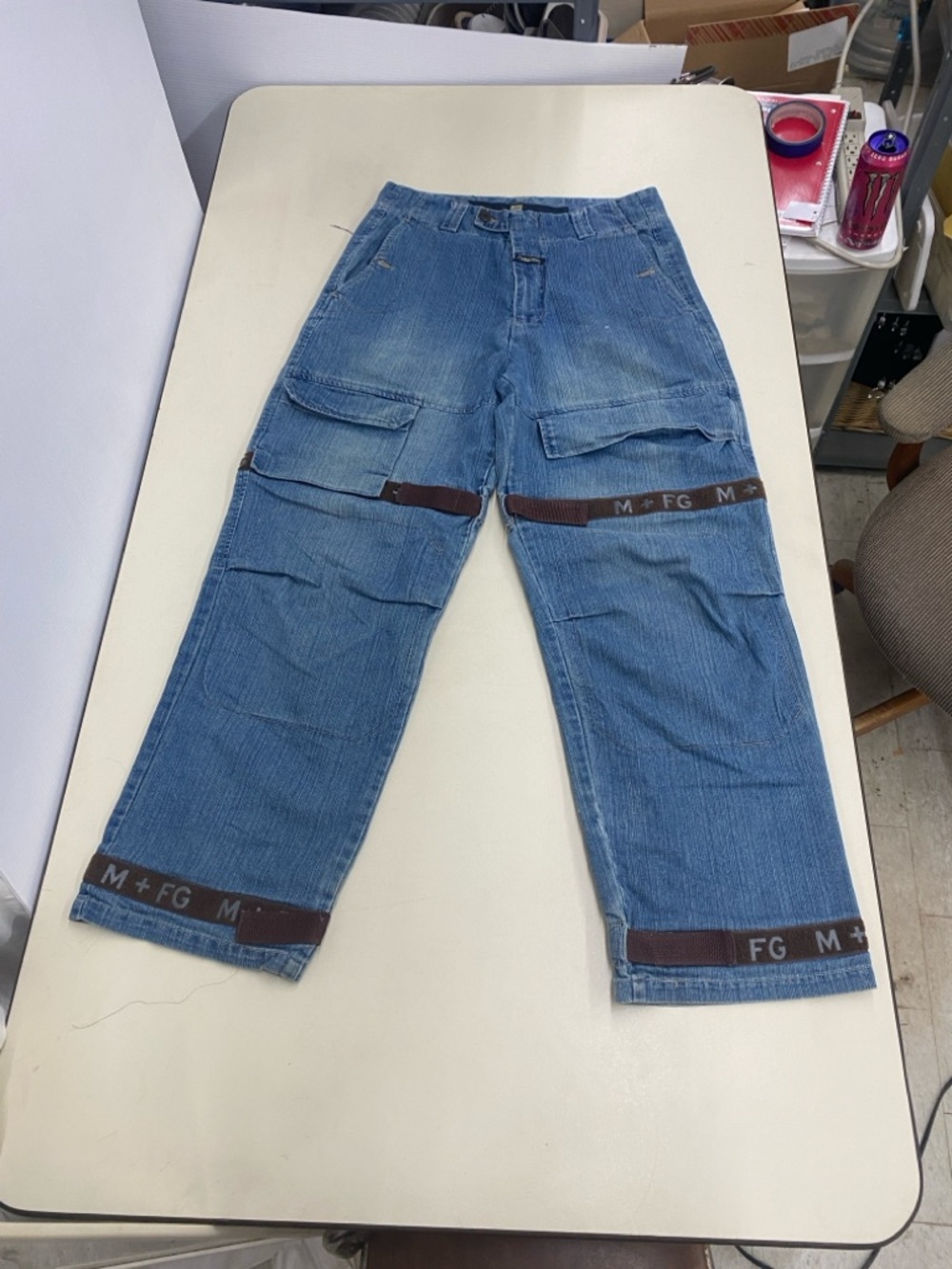 Marithe Francois Girbaud Blue Denim Cargo Pants with Brown Trim